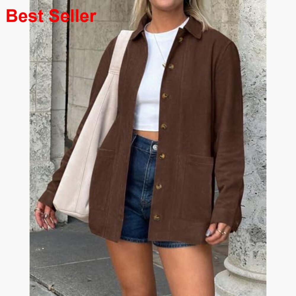 Faux Suede Jacket Long Sleeve Button Down Relaxed Fit Trench Coat - Picture 3 of 7